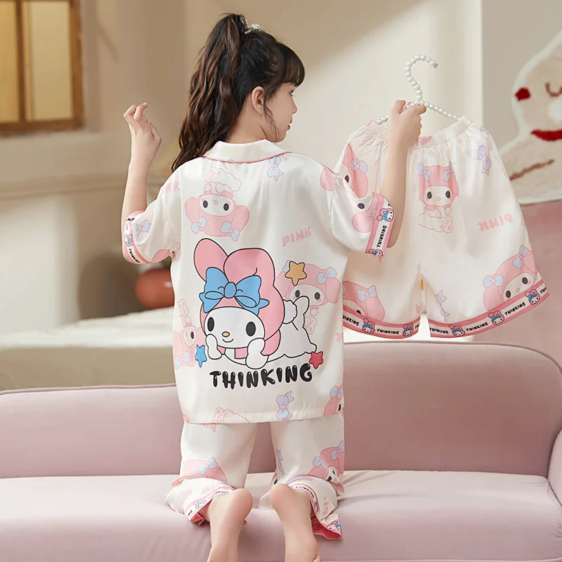 MINISO Sanrio Kinderpyjama Lente/Zomer/Herfst Dunne Loungewear Kuromi Driedelige set Korte mouwen Meisjes Vakantiecadeaus