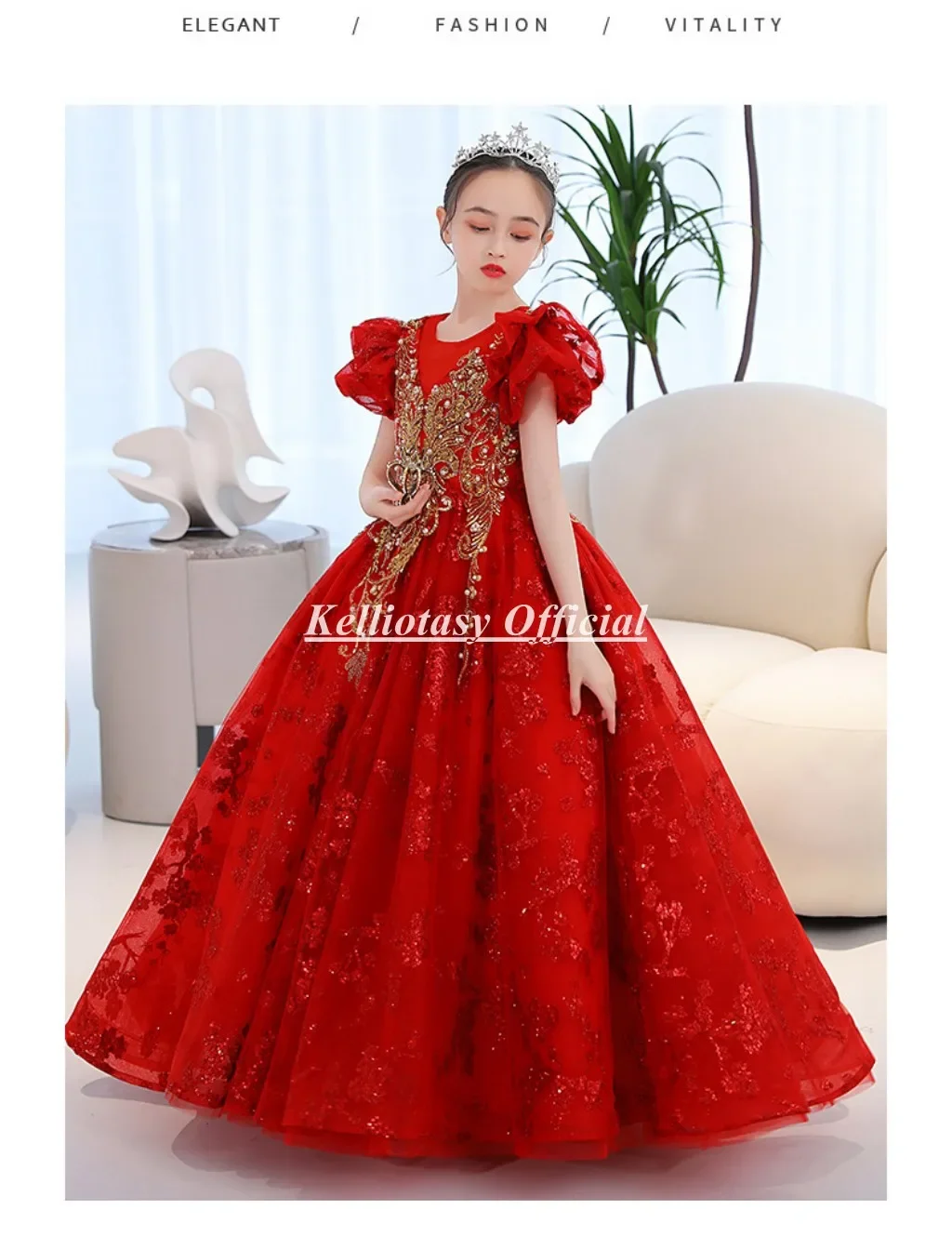 Gaun Catwalk Anak Kustom Gaun Gadis Bunga Putri Merah Mewah dengan Applique Renda LZ002