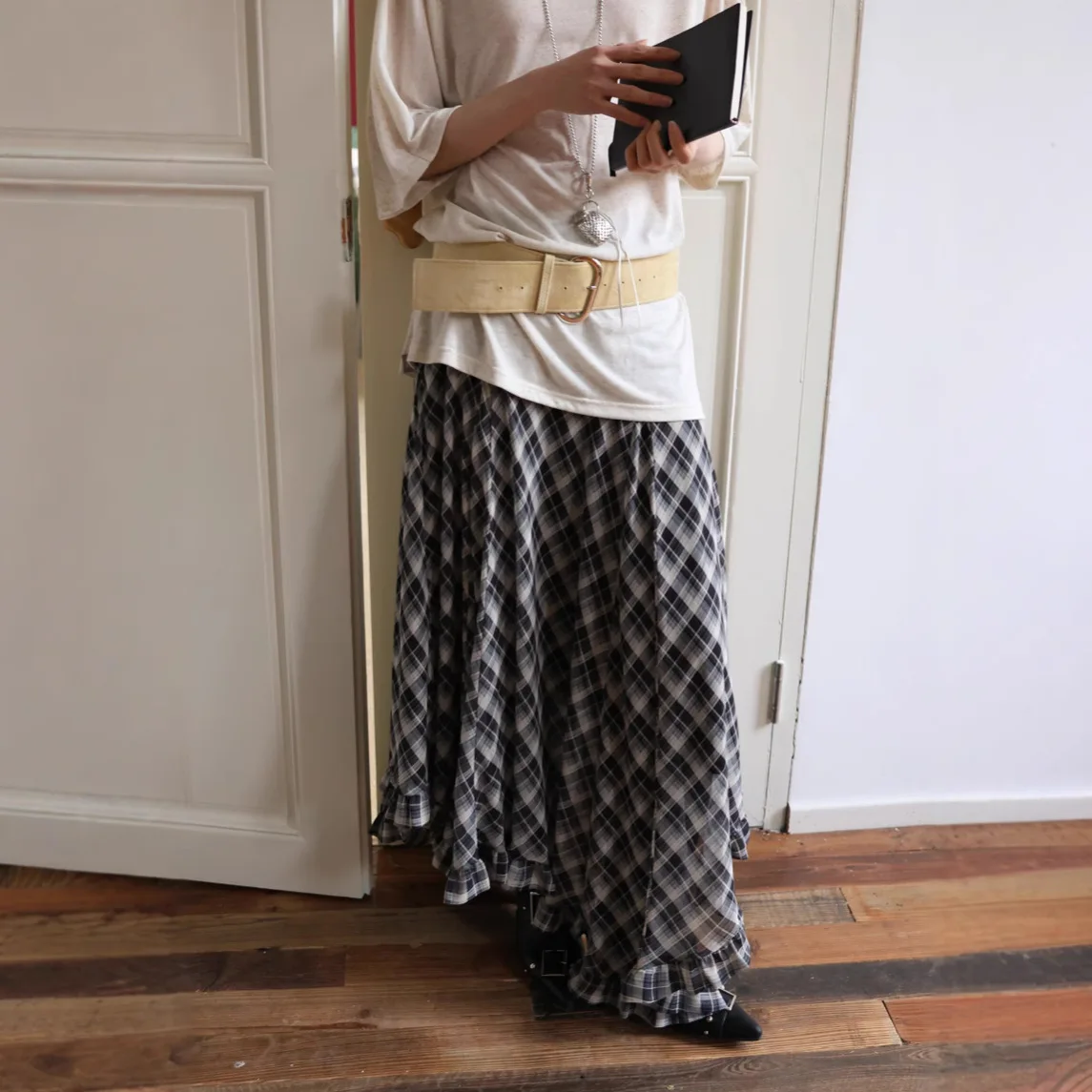 Women Skirts Plaid Skirt Loose Elastic Waist Spliced Patchwork Ankle Length Skirts Slight Strech Basics Edible Tree Fungus