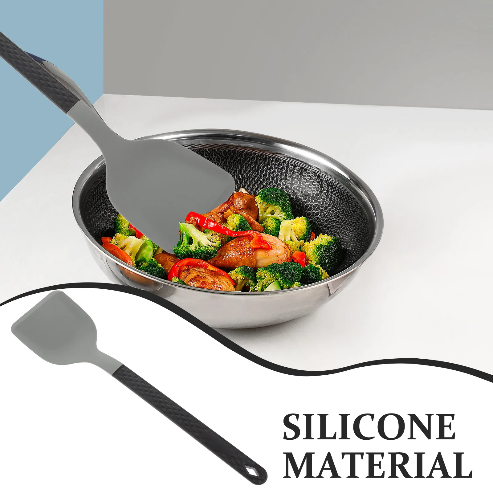 

Food Grade Silicone Non-Stick Heat Resistant Kitchen Cooking Turner Long Handle Portable Wok For Cookware Safe High Temp