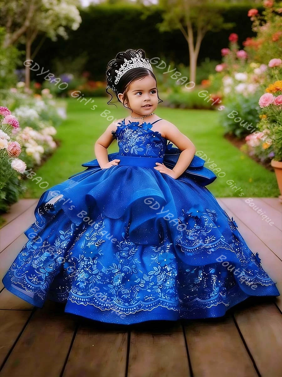 

Royal Blue Flower Girl Dresses for Wedding Kids Tiered Tulle Beaded Appliques Princess Pageant Dress with Bow Custom Party Gown