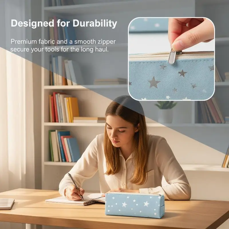 Multicolor Star Print Canvas Pencil Case Multi-functional Portable Zippered Pen Pouch Large Capacity Portable Cosmetic Bag