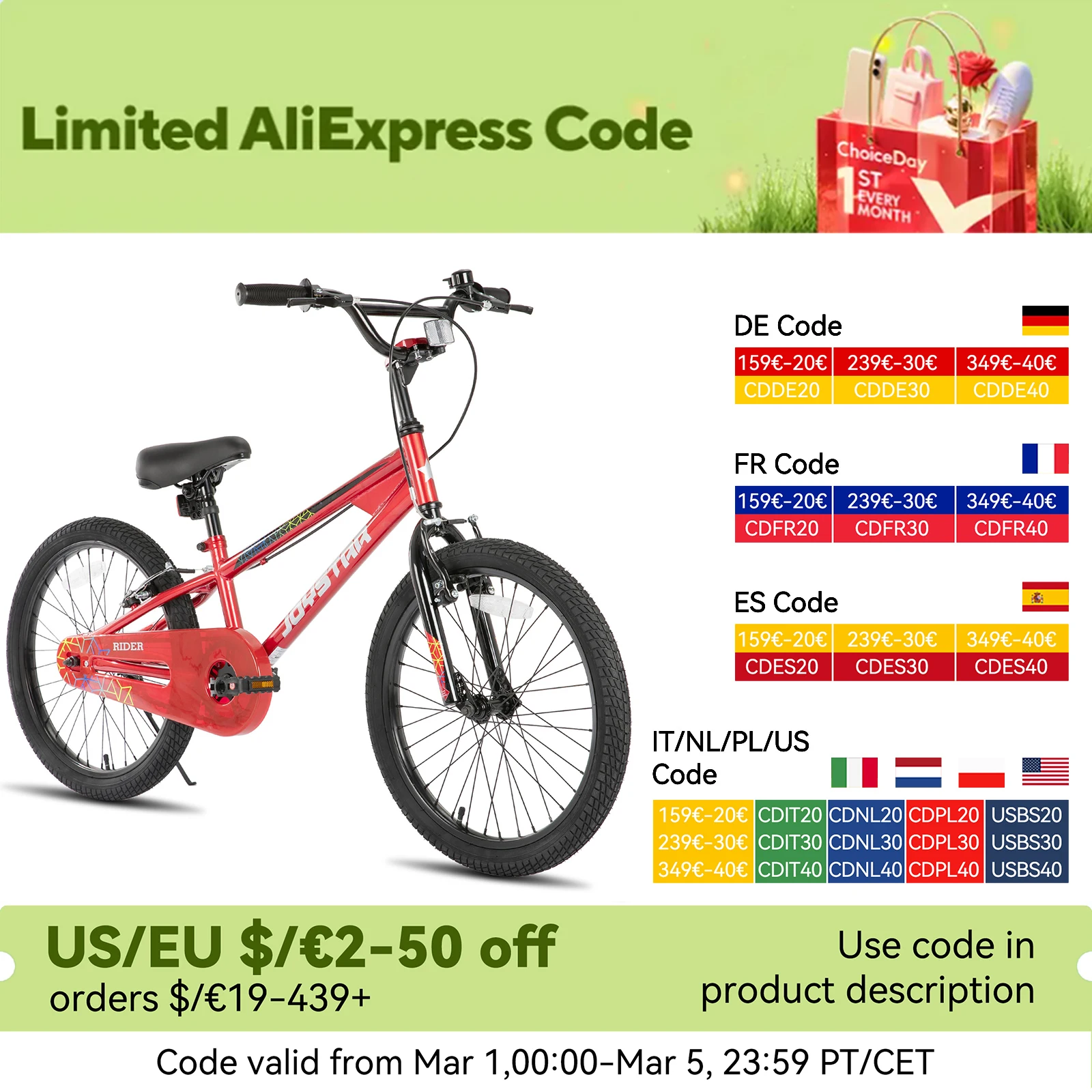 Joystar 20 inch children's bicycle, lightweight and durable high carbon steel frame, front and rear V-brakes, multiple colors