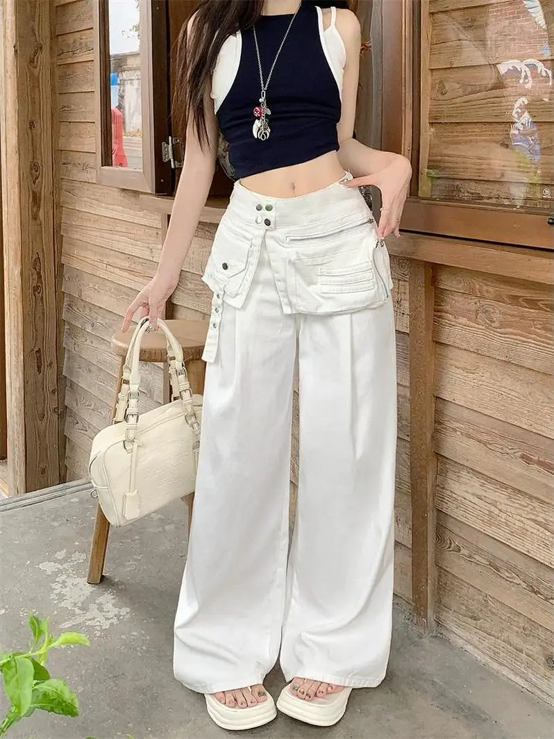 

High Waist Wide Leg White Denim Jeans Women's Loose Fit Straight Leg Long Pants Spring 2026 New Style American Casual Jeans