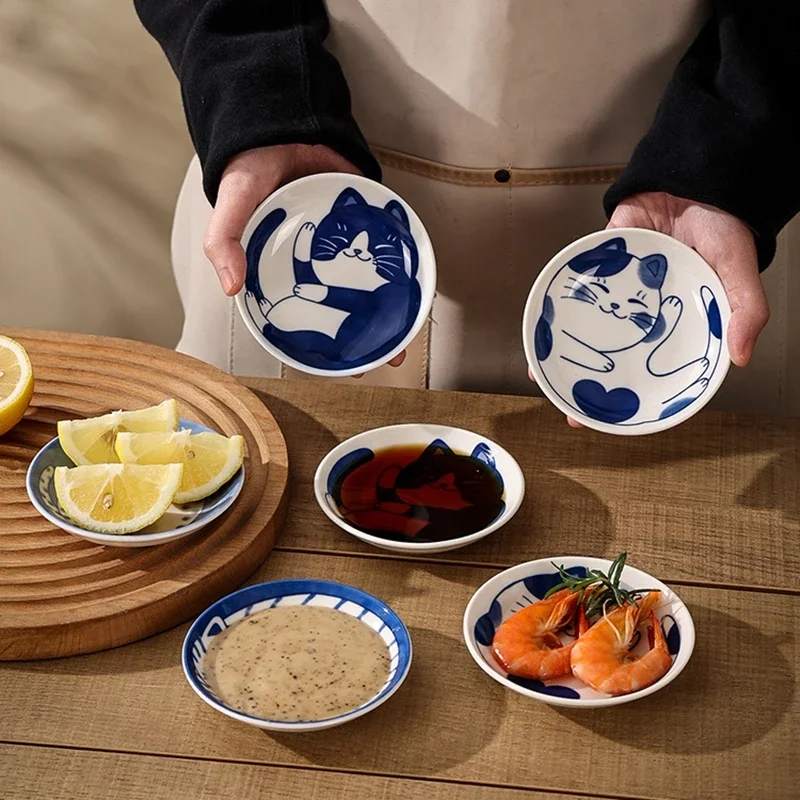 Cartoon Cat Ceramic Sauce Dishes Spice Plate Tableware Japanese Style Ceramic Dipping Dishes Appetizer Fruits Sushi Plates