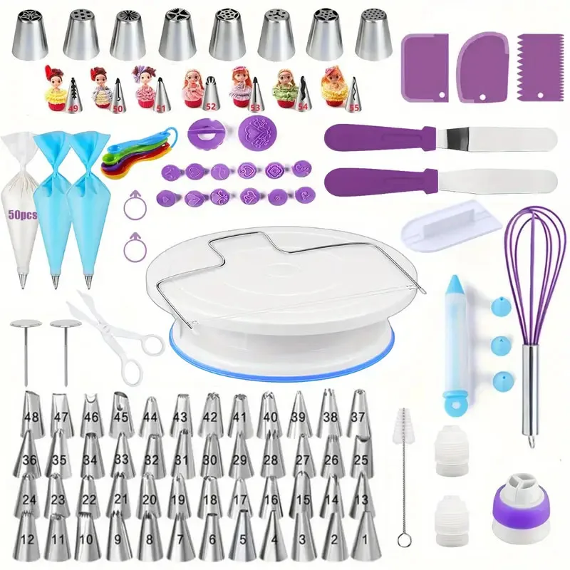 156PCS Ultimate Cake Decorating Set with Turntable,Stainless Steel Nozzle and Baking Tools - Perfect for DIY Cupcakes Baking Set