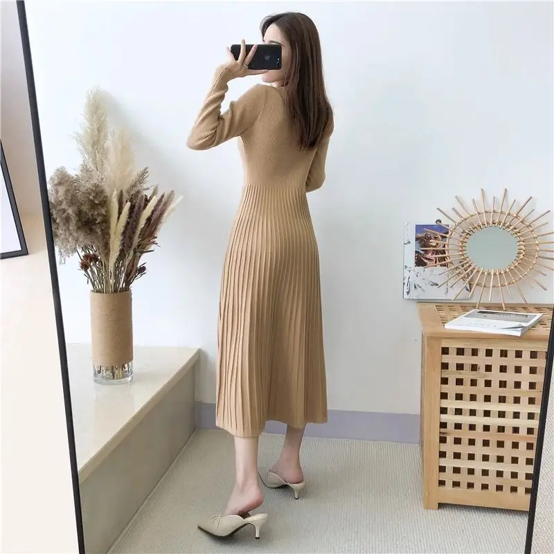 Women's Waistband Slimming Knit Dress 2023 Spring Autumn New Fashion V-neck Elegant Solid Long Sleeve A-line Long Skirt