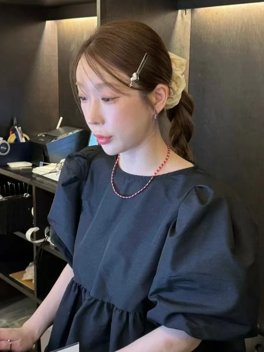 Faionable Bla Bubble Sve irt Women's ort Sve Chic Versatile Top Commute Sle Loose Fit ort Length  Color