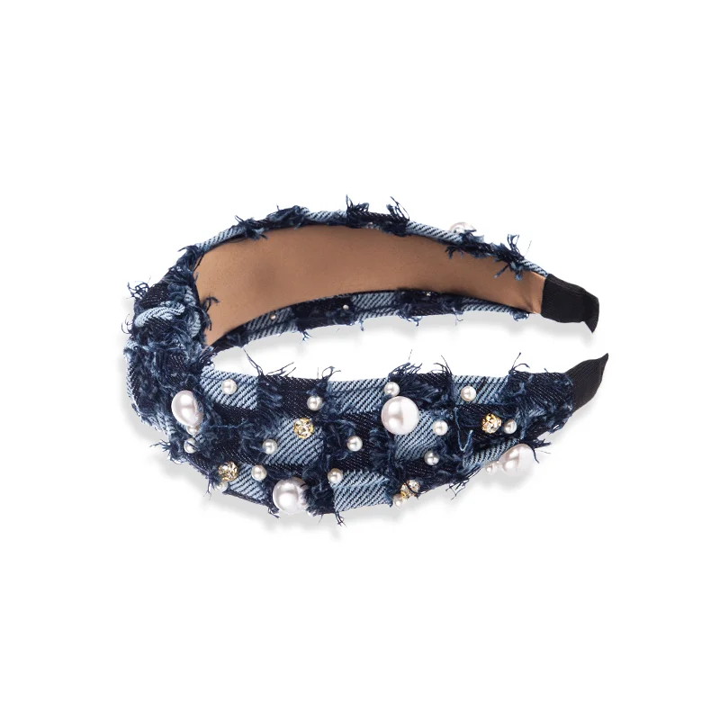 Bando Denim berlian imitasi gaya Baroque untuk wanita bando kanvas spons lebar lingkaran rambut mutiara