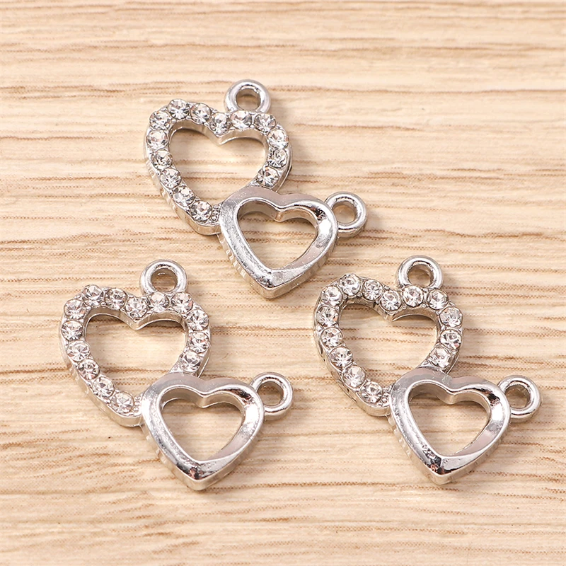 10 Stück 16x15mm Niedliche Kristall-Legierung Doppelherz-Anhänger für Schmuckherstellung, Ohrringe, Halsketten, DIY-Bastelzubehör – Detail 5