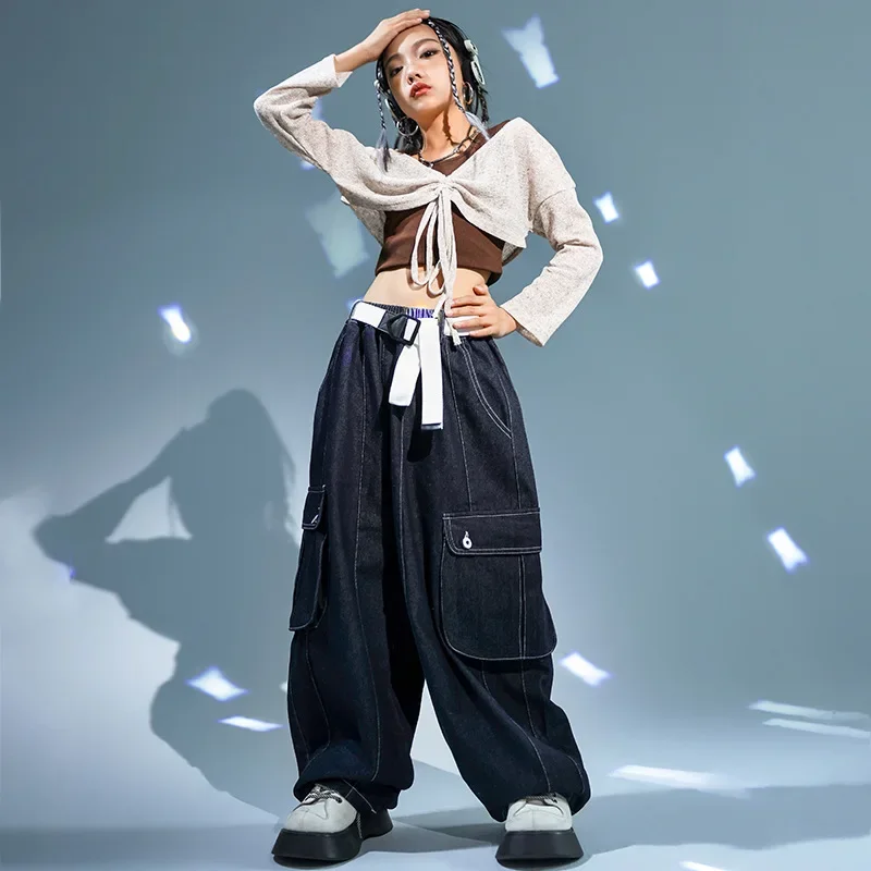 Kids Modern Dance Clothes for Girls Jazz Dance Crop Tops Cargo Pants Teen Hip Hop Street Dance Performance Costume Rave Clothes