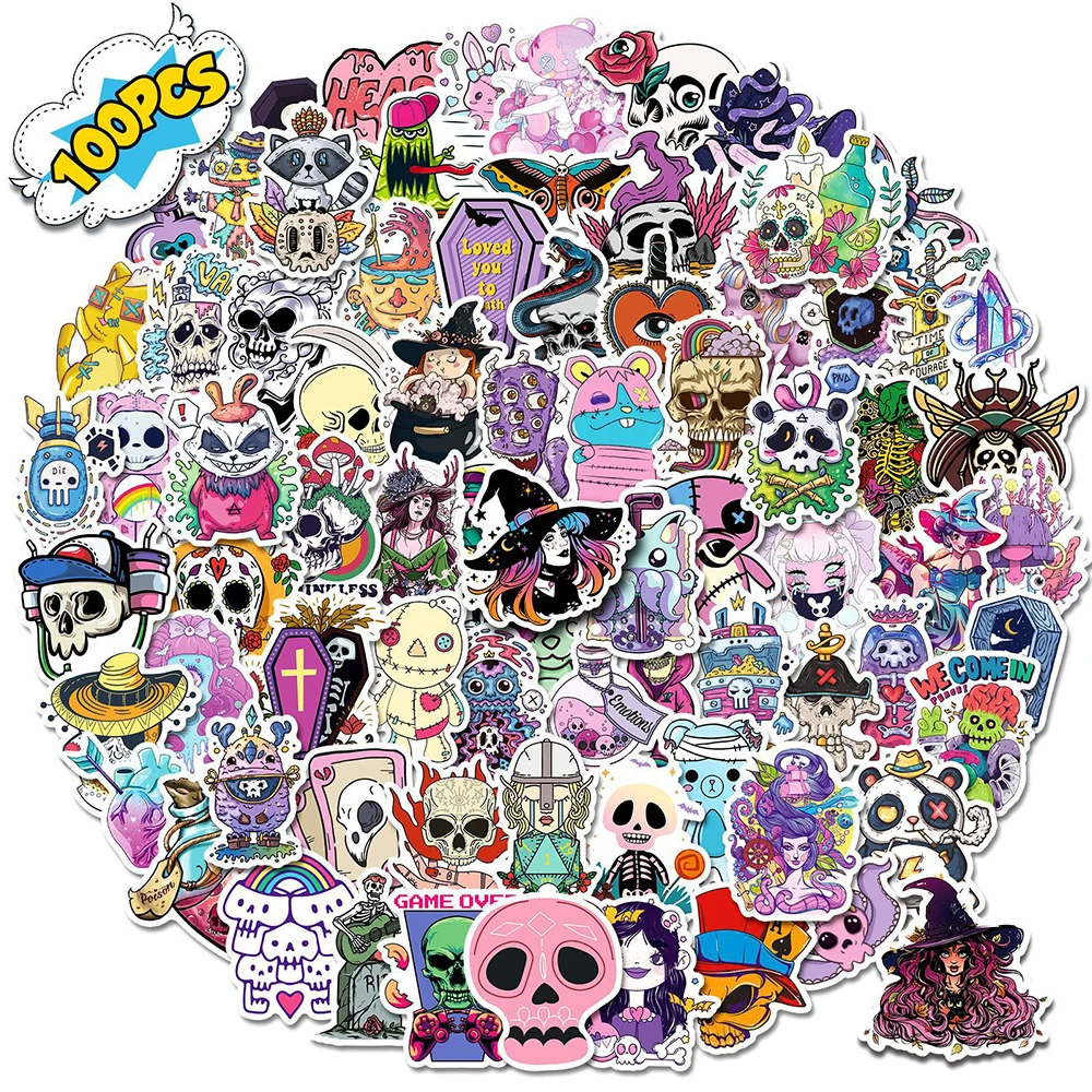 

10/30/50/100PCS Cute Gothic Skeleton Witch Sticker Aesthetic Cartoon Decals DIY Laptop Skateboard Car Cool Kids Decals Sticker