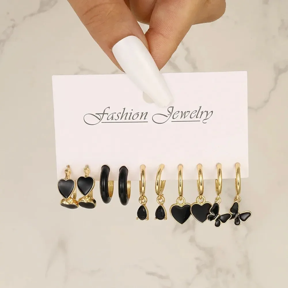 Simple 11 Pcs Black Heart Leaf Butterfly Earrings Set for Women Fashion Temperament Hoop Earring Holiday Wedding Jewelry Gift