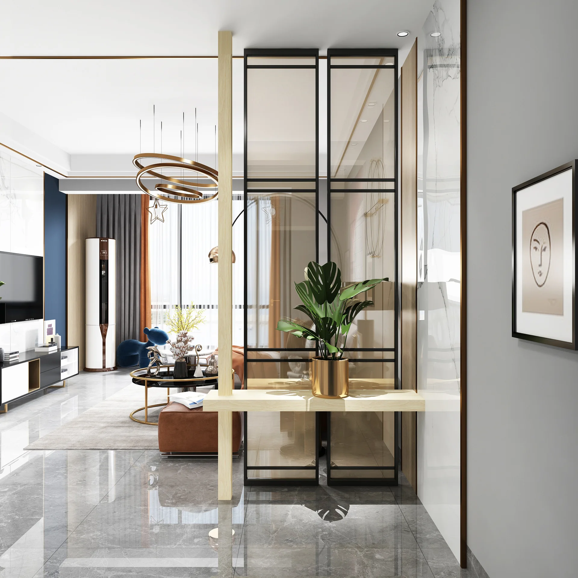 Nordic, kemewahan ringan, pintu masuk rumah, partisi, kaca, rumah, ruang tamu, wastafel, seni, layar