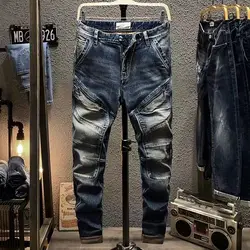 스타일리시 스트레이트 카고 빈티지 디자이너 의류, 데님 롱 한국 패션, 남성 오토바이 작업 스트레치 바지, 가을 겨울 신상