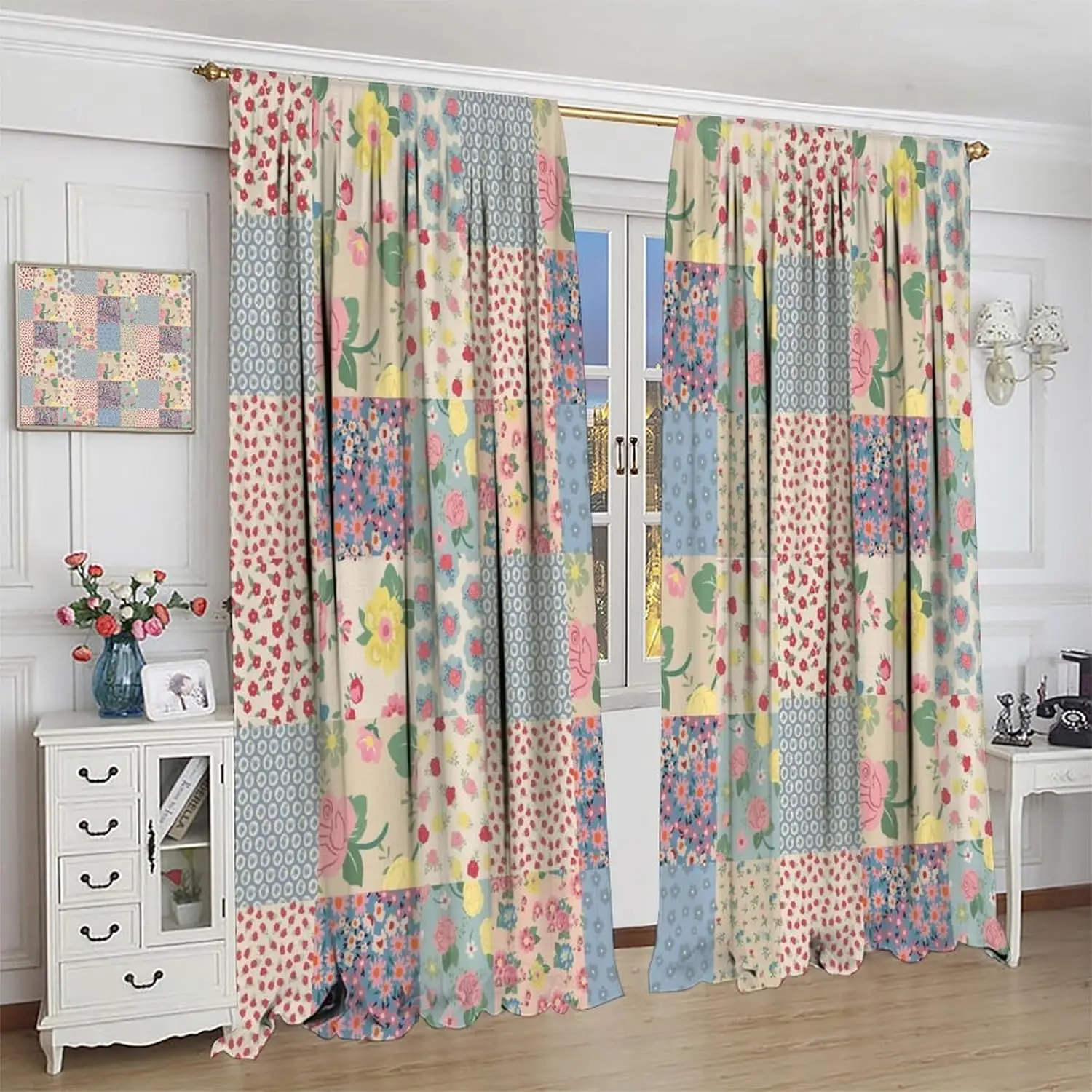 Boho Patchwork Curtains,Farmhouse Vintage Bohemian Floral Colorful Pink Rose Pattern Decor Rod Pocket Window Drapes for Bedroom