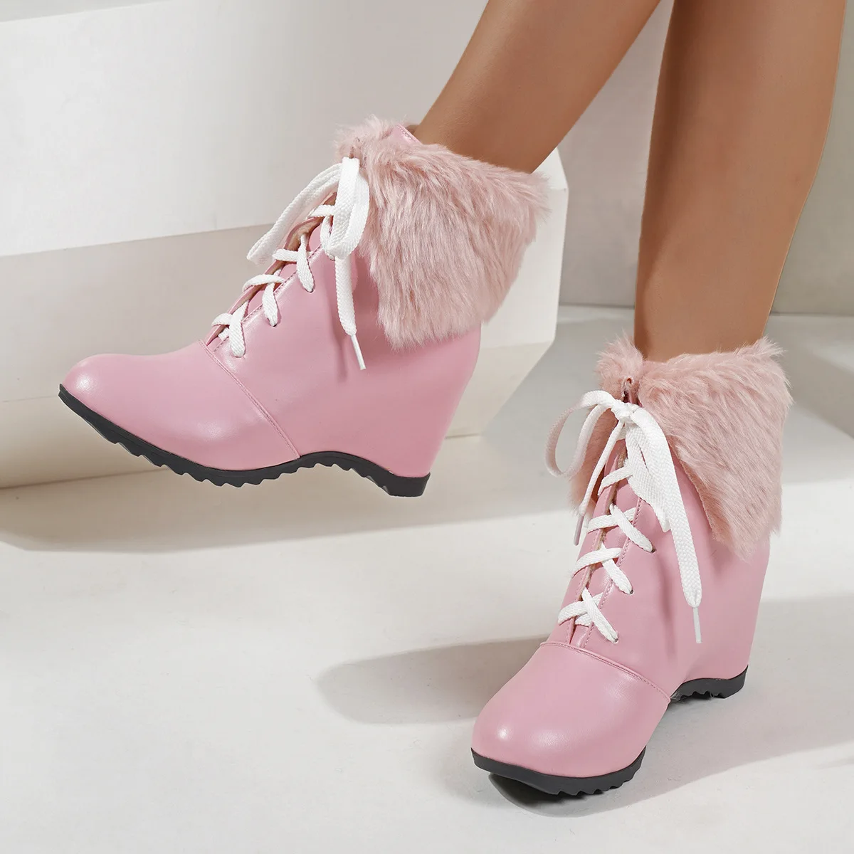 Ladies' Warm Boots With Raised Straps And Plush Lining Lolita Sweet Pink Winter Low Heeled Fur Single Boots