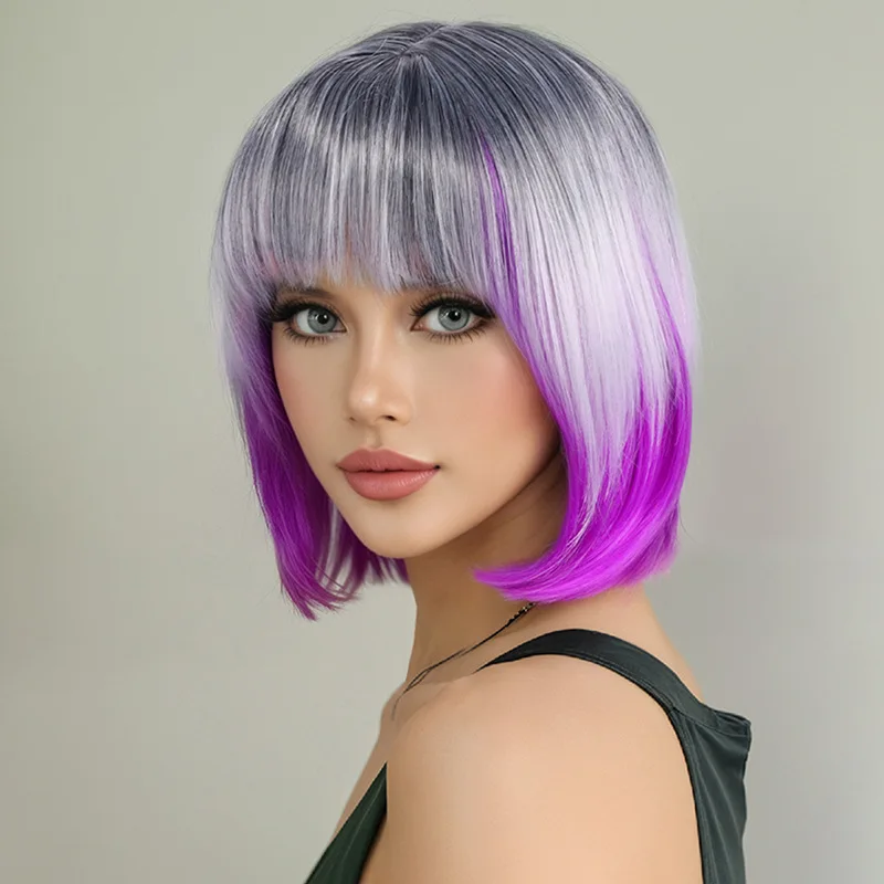 Perruque européenne et américaine cheveux courts raides couleur Anime perruque ensemble avec Bang Bob coiffure dégradé cheveux courts bandeau synthétique