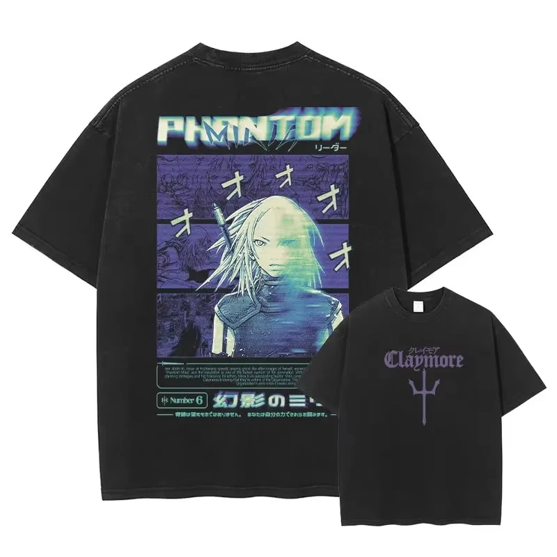 2026 Claymore Teresa Winged Sword Panel Double Sided Print T-shirt Black Washed Oversized Cotton Casual Streetwear Hot Sale