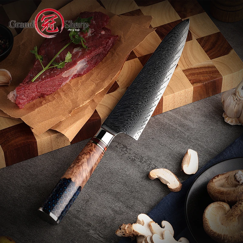 7.5 Inch 67 Layers Damascus Chef Knife AUS-10 Japanese Steel Kitchen Knife Meat Slicer Sashimi Butcher Knives Cutlery Grandsharp