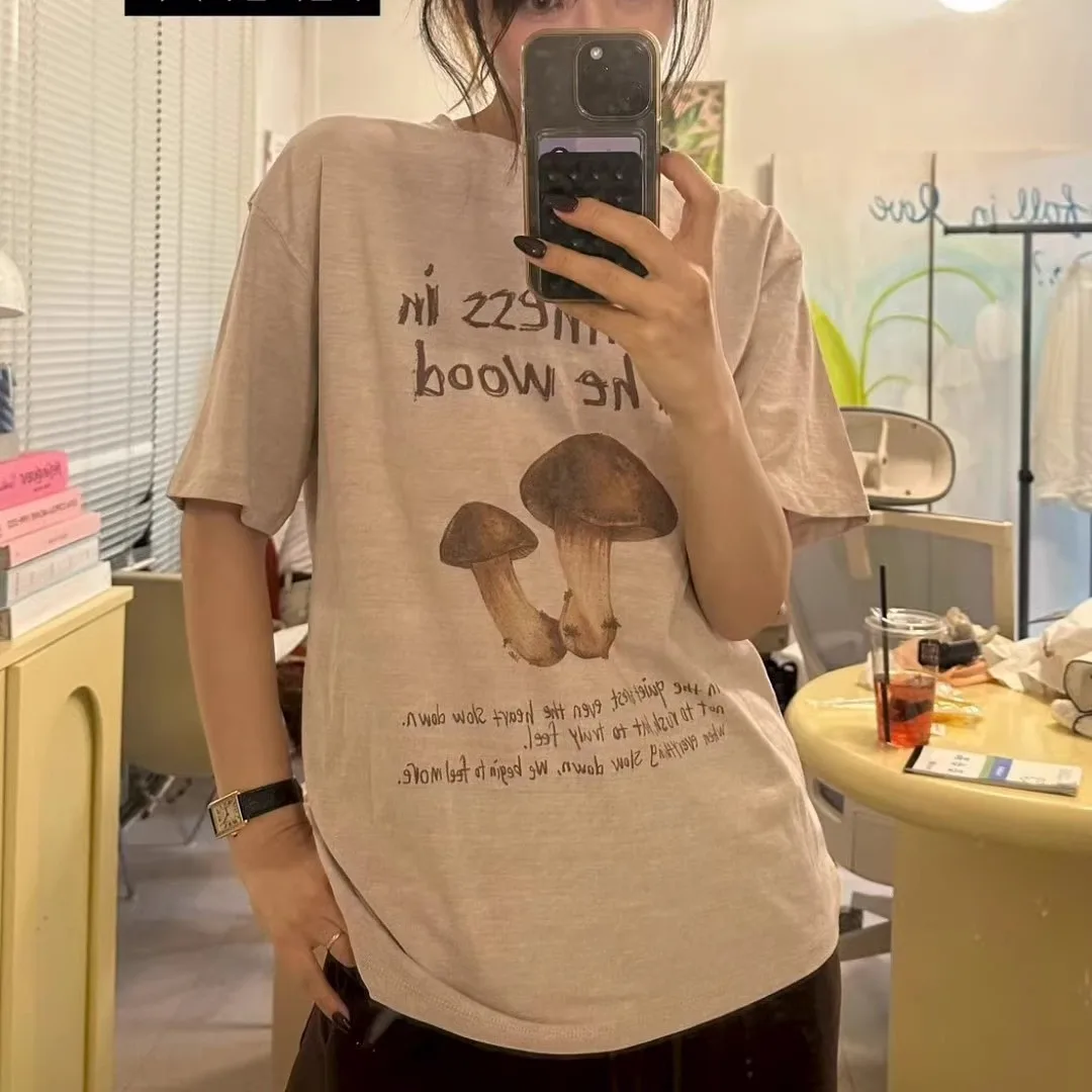 Fletta Vintage Musoom Letter Print round Ne ort Sve T-irt Loose Fit Casual Sle Women's Top Korean Faion