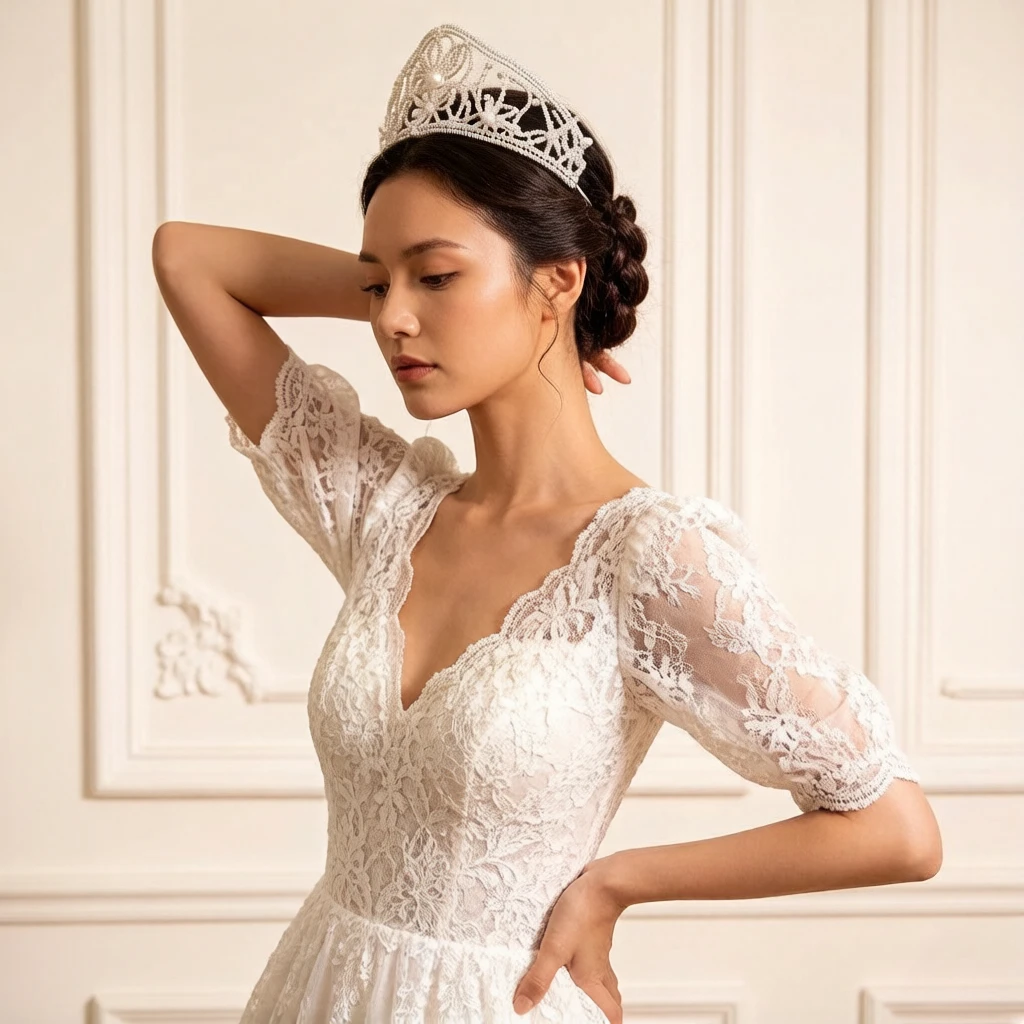 1Pc Elegant Song-style flower crown with 3D flowers and pearls, ethereal ancient hair accessory for Hanfu and cosplay 3