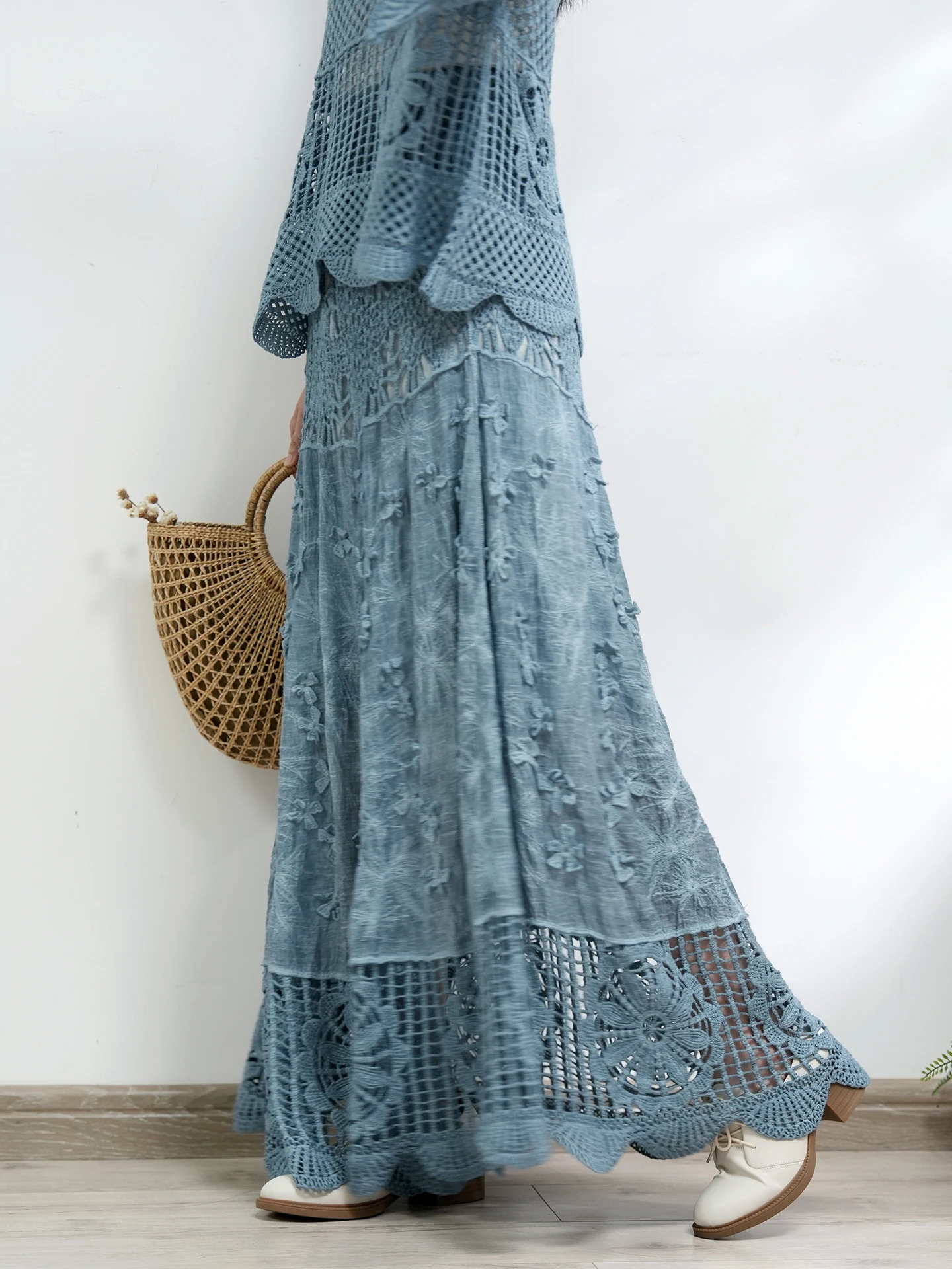 High Waist Bohemian Style Lace Hollow out Hook Flower Semi-Body Skirt Women's Beautiful Blue Long Skirt Fairy Skirt