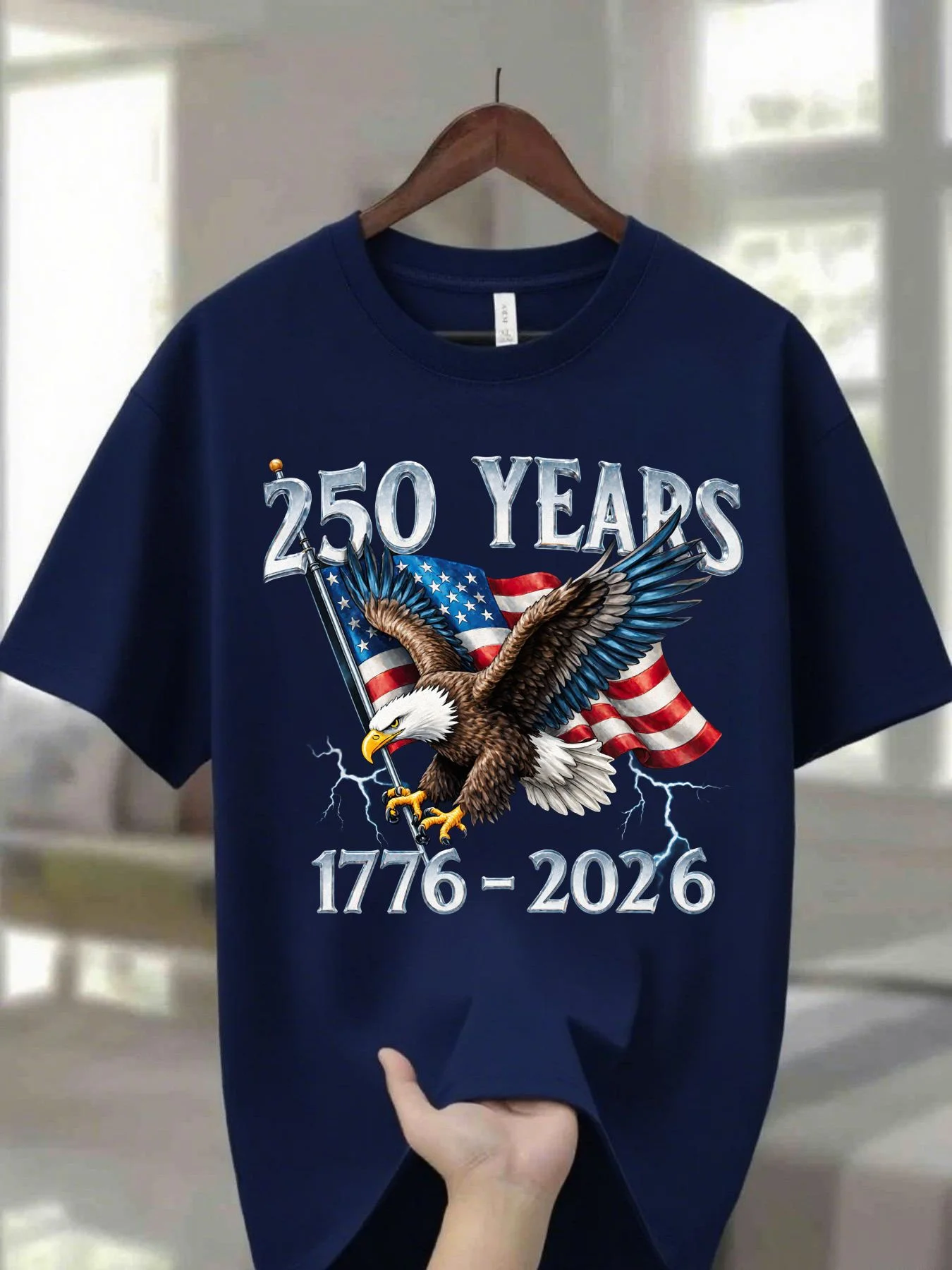 Navy Blue 100% Men's Round Neck T-Shirt with Eagle Pattern |   250 Years 1776- 2026 United States Flag Design, Ideal for Thanksgiving, Christmas, Summer, and Casual Attire, Men's Casual Comfortable T-Shirt