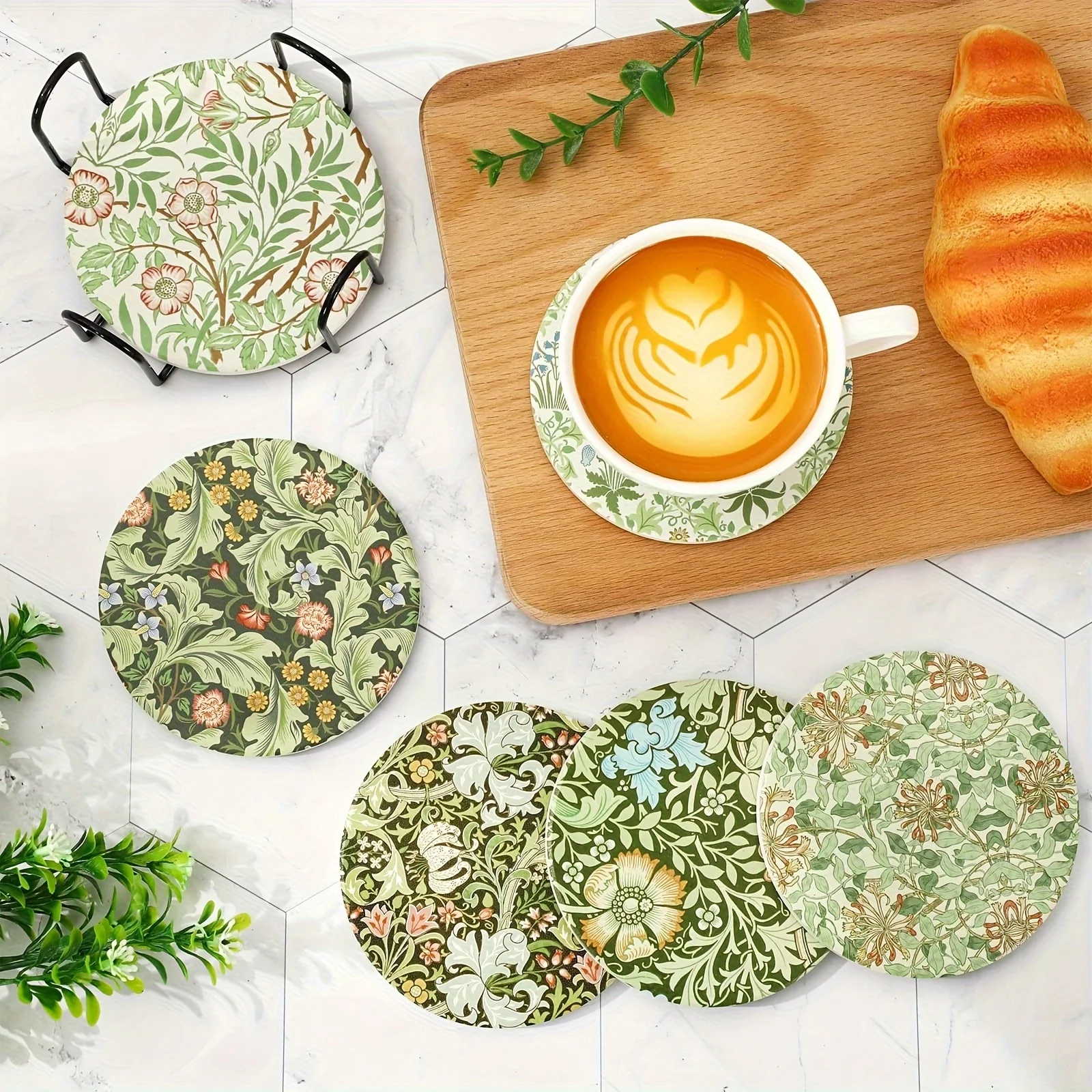 2D Wooden Coasters Set of 6 Rural Freshness Plants Flowers Design for Coffee Shop Office Bar Home Decor Gifts Heat Insulation