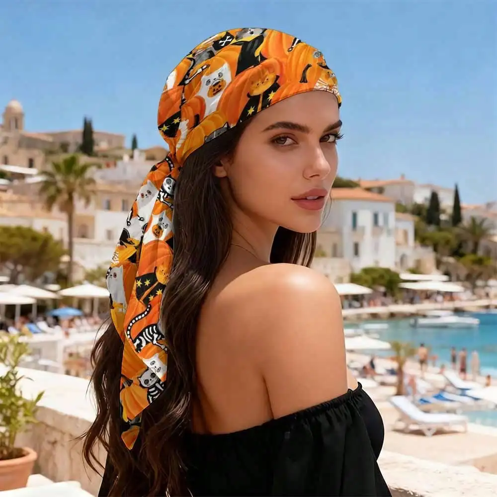 

1pc Women Halloween Festive Printed Tie Back Long Tail Head Scarf Versatile Hair Wrap Accessory For Party Daily