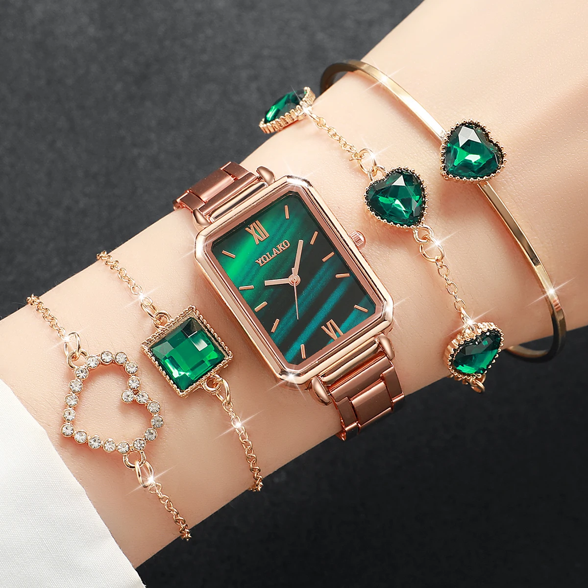 5PCs/Set Classic Women's Watch Set Fashion Stainless Steel Rectangular Dial Green Watch Bracelet Set