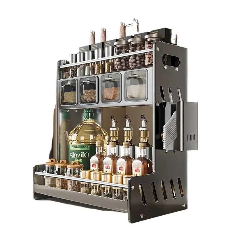 Multifunctional kitchen rack, countertop seasoning, stainless steel bold and thickened seasoning storage rack, storage artifact