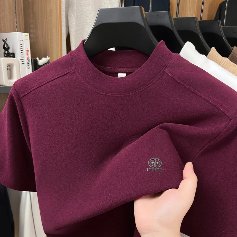 New Summer Men's Short-Sleeved T-Shirt Undershirt Round Neck High Quality Stamp Casual Versatile Double-Faced Fleece Men's Tops