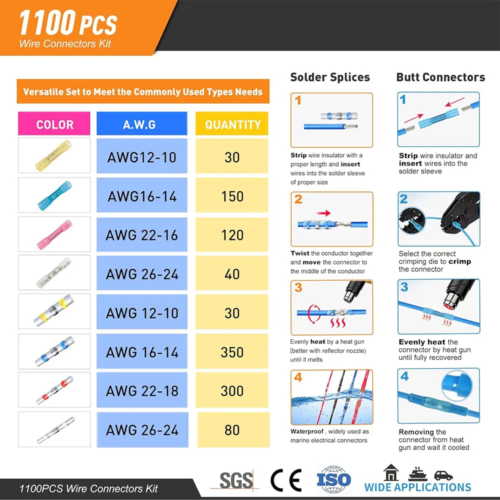 1100PCS Solder Seal &Heat Shrink Wire Connectors Waterproof Insulated Electrical Terminals Kit Automotive Marine Wire Terminals