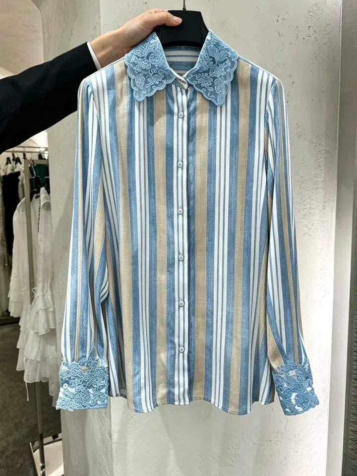 Elegant Blue Striped Women's Blouses And Shirts Chic Embroidered Lace Vintage Shirt Luxury Casual Loose Daily Top