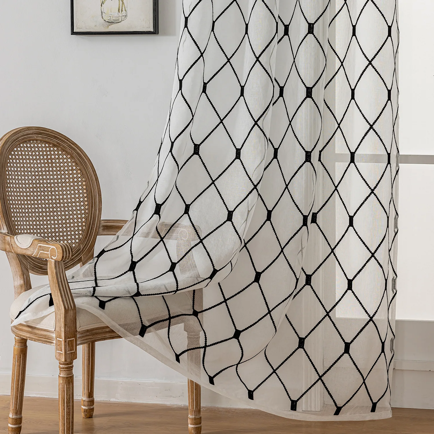 Black Embroidered Rhombus Geometric Custom Size Fashion Customized  Curtains for Living Dining Room Bedroom Luxury Sheer