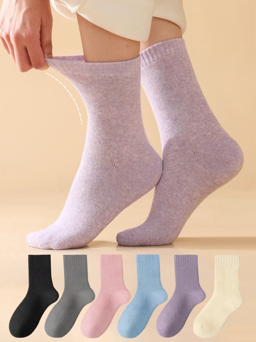 5 Paar warme Wollsocken für Damen, weich und plüschig, einfarbig, für Herbst und Winter