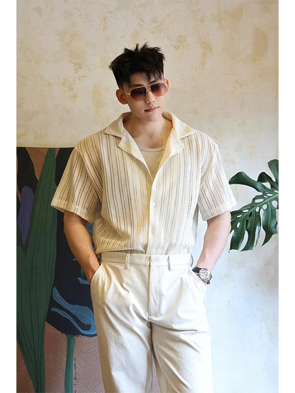 

Cuban Collar Breathable ort Sve Knitted irt Men's Summer Cool Feeling Faionable Flip Collar irt Trendy Top