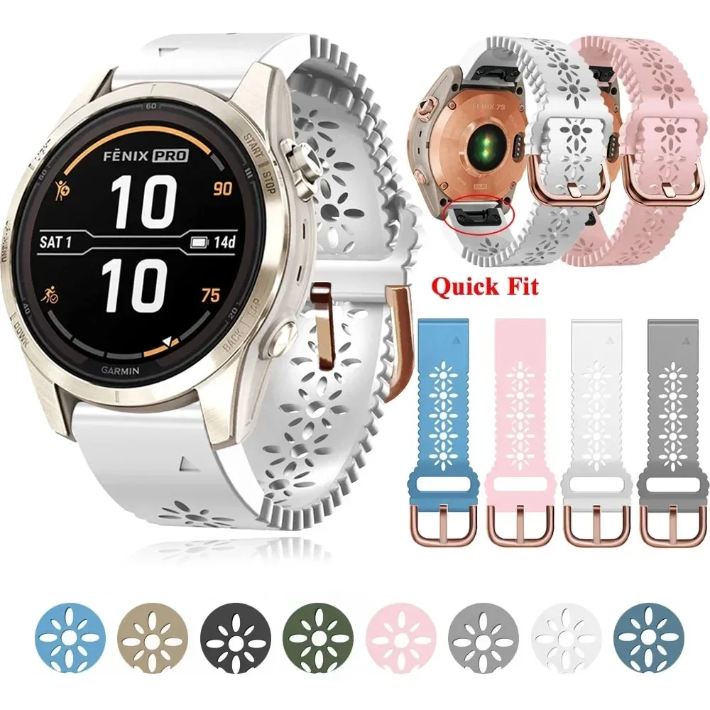 For Garmin Fenix 7S Pro 6S Pro 5S Plus Band Bracelet Silicone Quickfit 20mm Women Strap Rose Gold Buckle Breathable Watchband