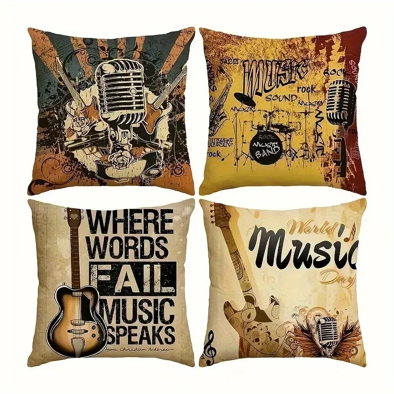 1pc 2D Flat (Pillow Not Included) Vintage Music Guitar Microphone Art Cushion Cover Short Plush Rock Band Decor Throw PillowCase