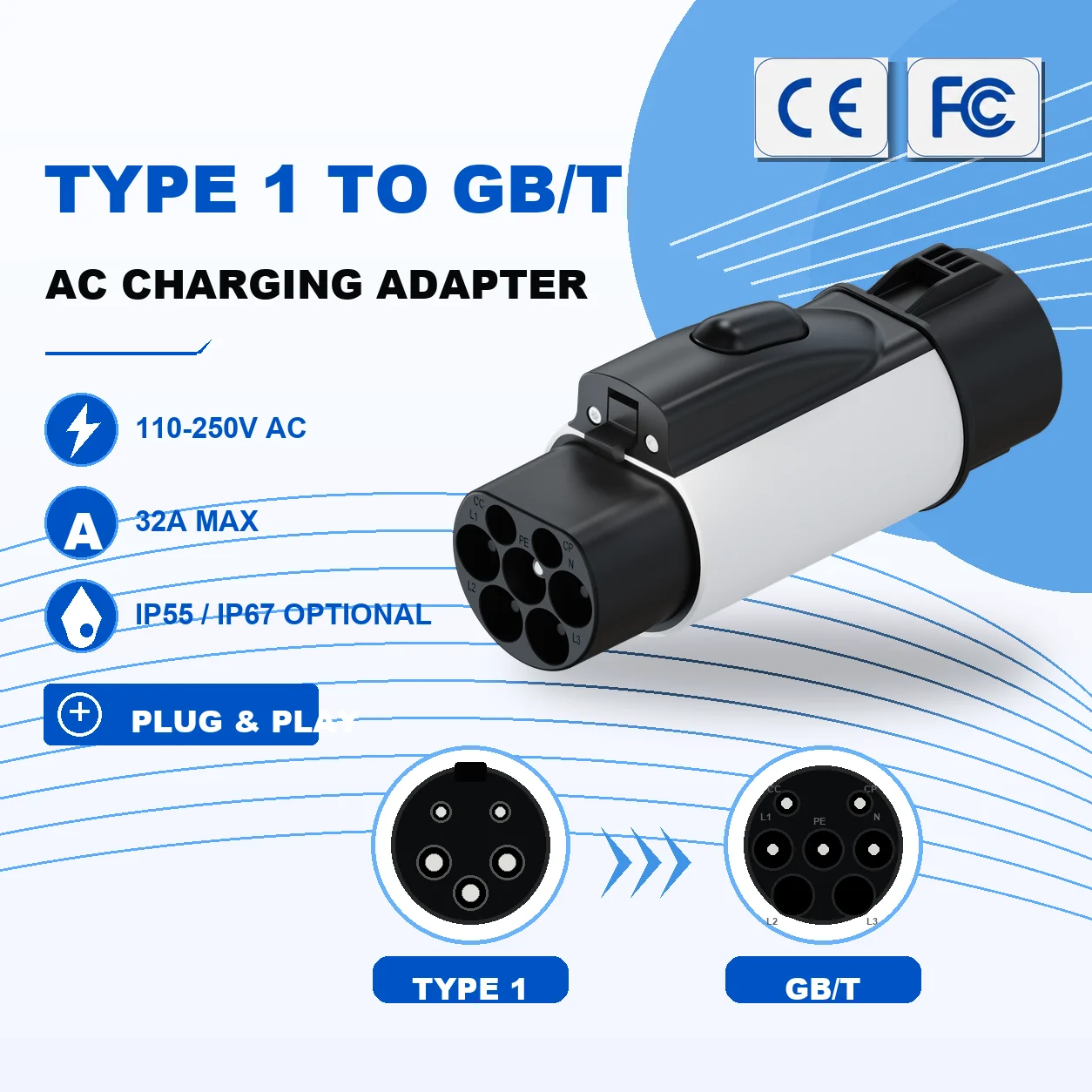 AC-MZG2 Type 1-GBT NEW AC Charging Adapter 32A EV Charging Connector Factory Direct Sales Car Charger Adapter