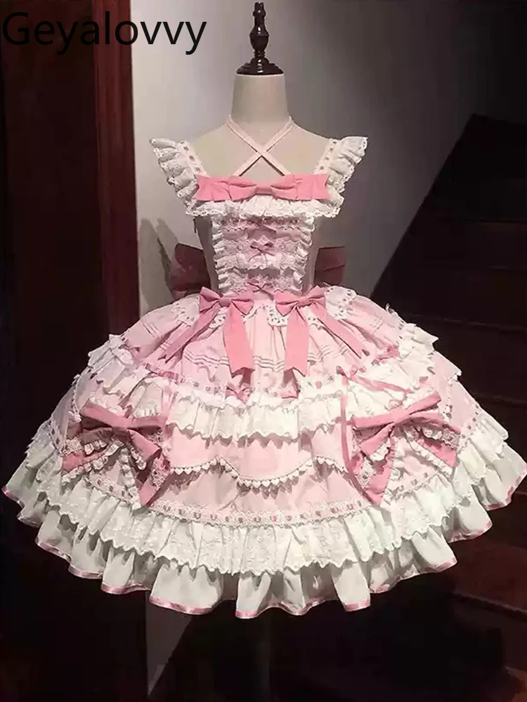 Różowa Lolita Elegancka Urocza Koronkowa Sukienka Księżniczki z Falbankami na Rękawach Japońska Nowa Sukienka na Urodziny z Wysokim Stanem Wyszczuplająca Kokarda