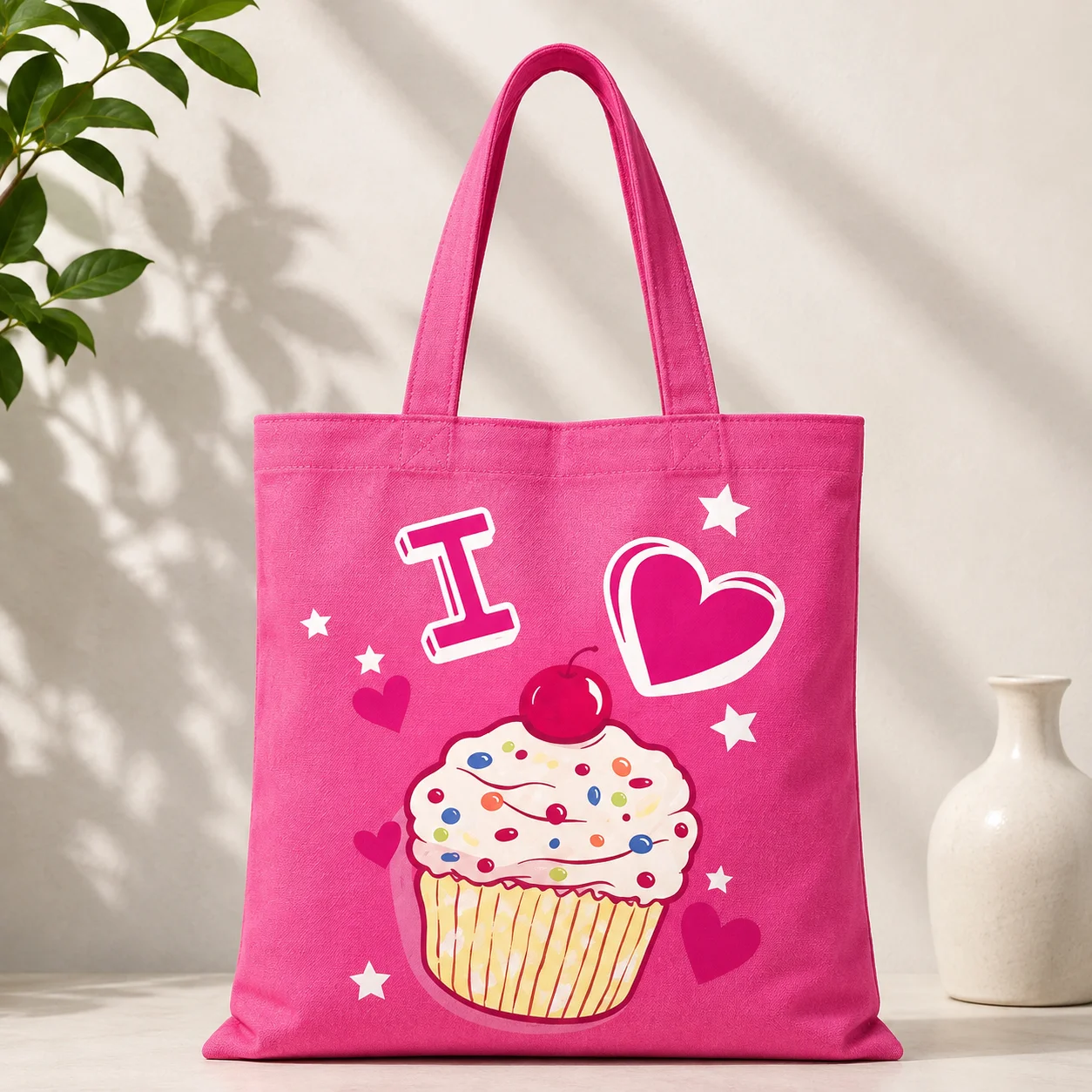 Bright Pink Sweet Cupcake Canvas Tote Bag, Cute Cherry Sprinkles Heart Star Pattern Large Capacity Handbag Casual Shopping Bag