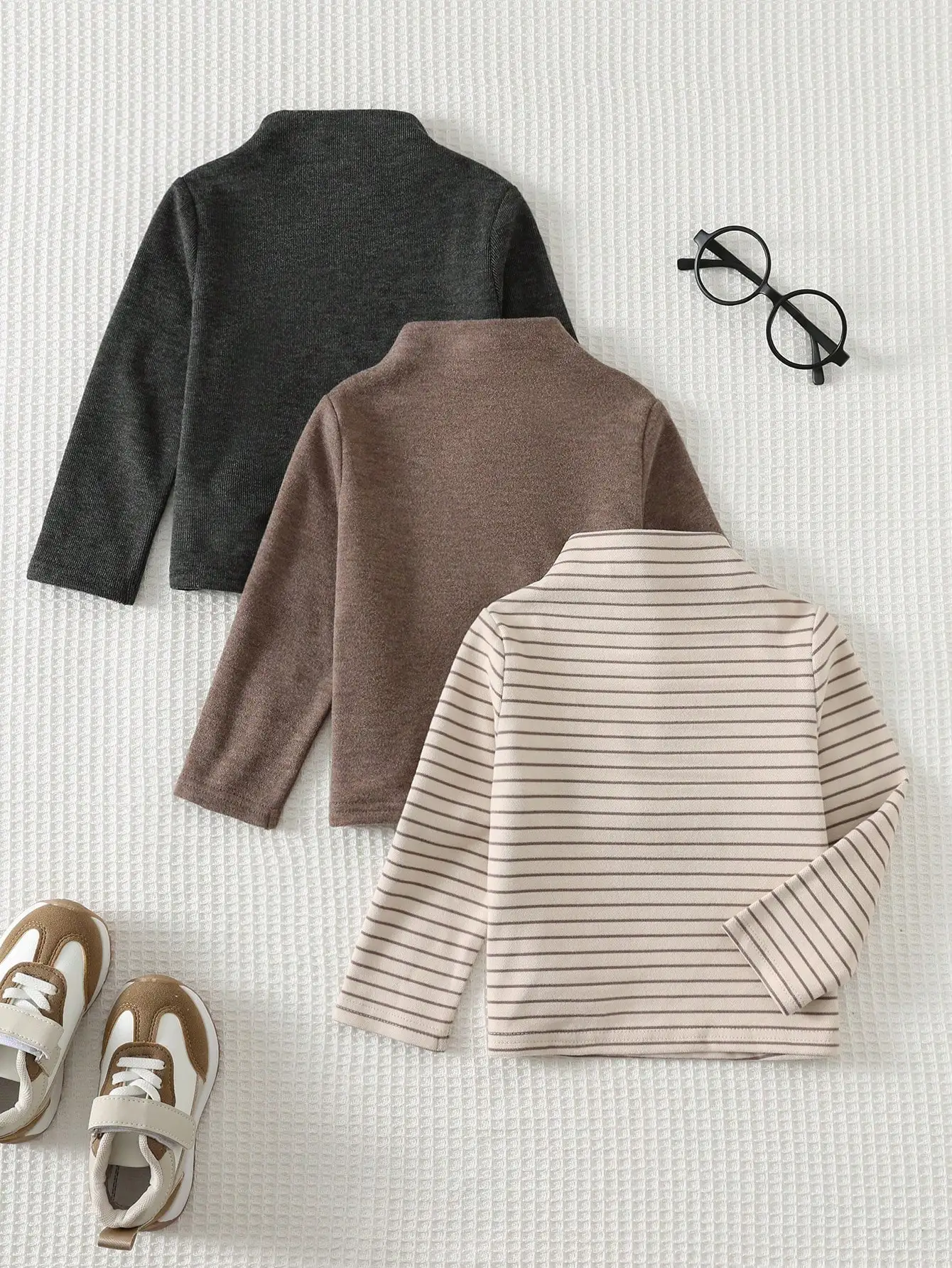 Cozy Pixies Kids Young Boy Solid Color Striped Knit Soft Round Neck Long Sleeve - Neck Top 3pcs -Piece Set Versatile Comfortable Suitable For Autumn/Winter