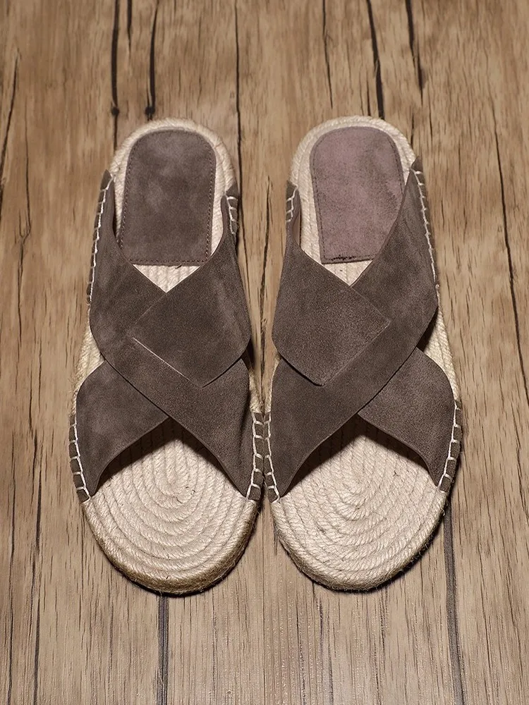 Vintage Mens Outside Cross Strap Genuine Leather Slippers Flats Straw Weave Platform Beach Slides Casual Slip On Slippers Shoes