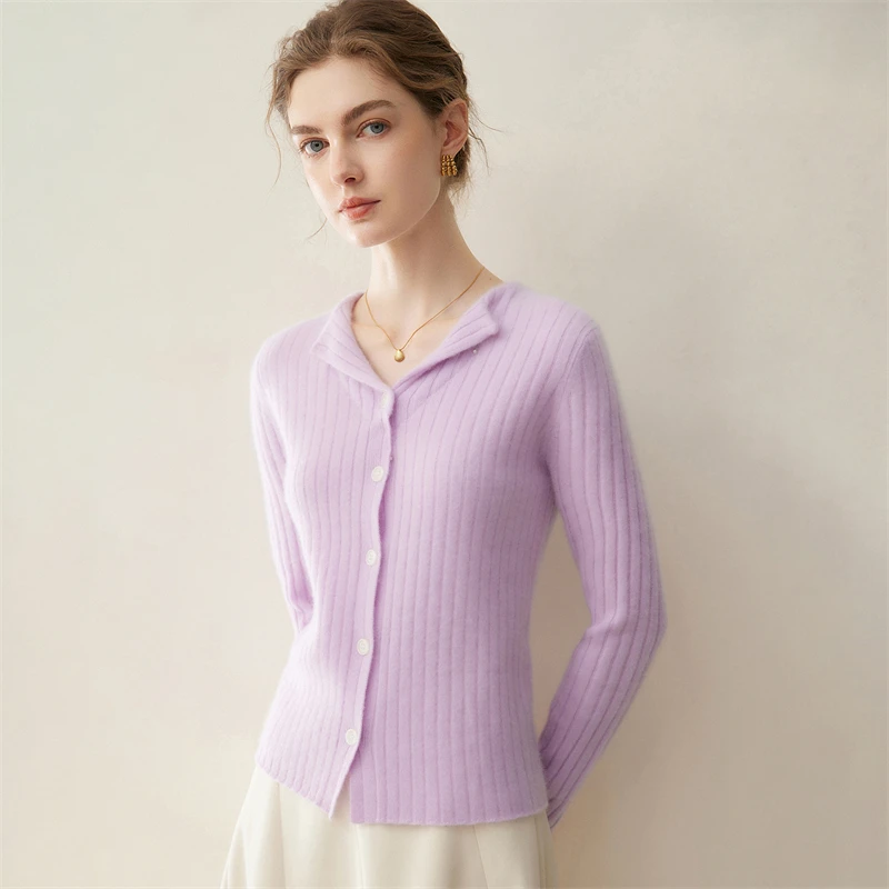 Ladies 100% Pure Cashmere V-Neck Knitted Open Cardigan Striped Sweater Outerwear with Button Winter Top