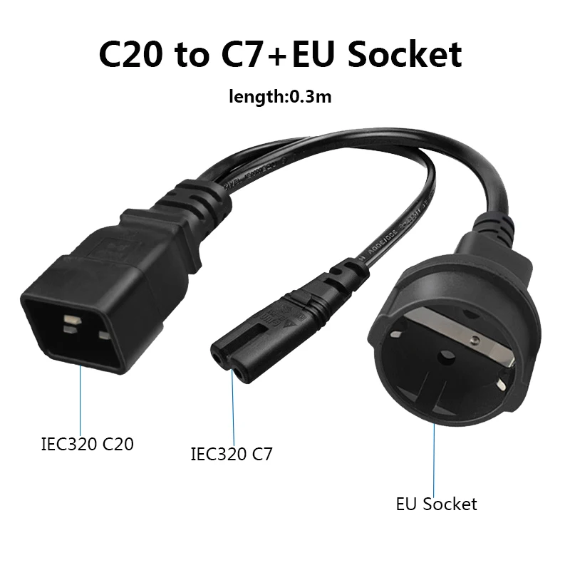 Cabo de Extensão de Alimentação, IEC320, C20, IEC C7, 4.8mm, EU, European Plug Cord, França, Bélgica, Espanha, Holanda, Conversor 0.3m, UPS, PDU