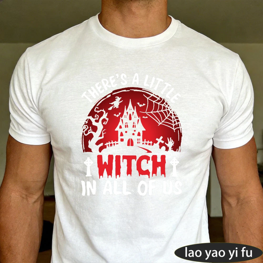 Halloween Witch Castle Design Men T-Shirt Cotton Summer Short Sleeve Casual Fashion Top Gift for Men Unisex Daily Lfe Shirt