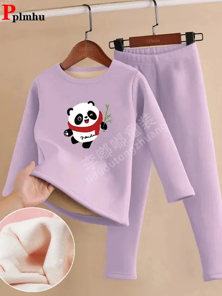 Panda Print Kids Underwear 2 Piece Sets Warm 1-13years Children Thermals Pajamas Long Sleeve Plush Boys/Girls Ensemble New