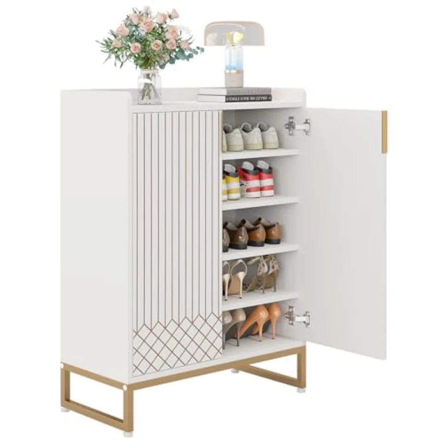 Modern White Shoe Cabinet with Doors for Up to 25 Pairs 5Tier Wood Shoes Rack Organizer Ideal for Entryway Bedroom Hallway and